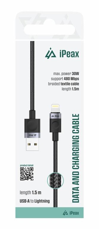 iPEAX textilní kabel USB-A / Lightning 1,5M, USB 2.0 černý