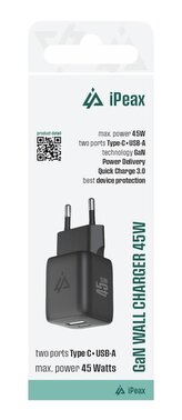 iPEAX GaN síťová nabíječka 45W (USB-C + USB-A) černá