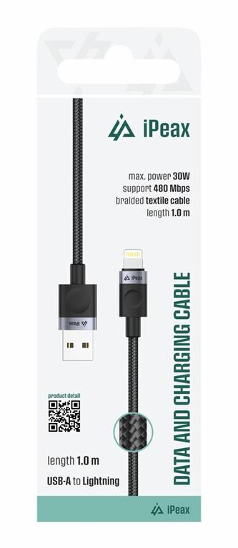 iPEAX textilní kabel USB-A / Lightning 1M, USB 2.0 černý