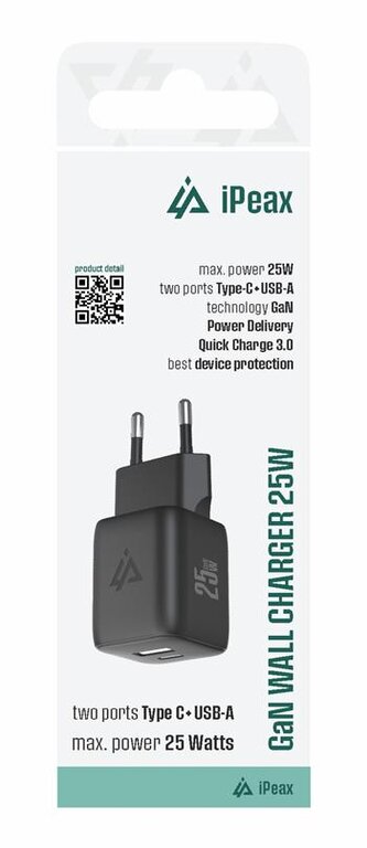 iPEAX GaN síťová nabíječka 25W (USB-C + USB-A) černá