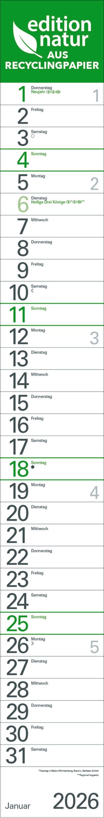 Streifenplaner Grün Recyclingpapier Edition Natur 2026