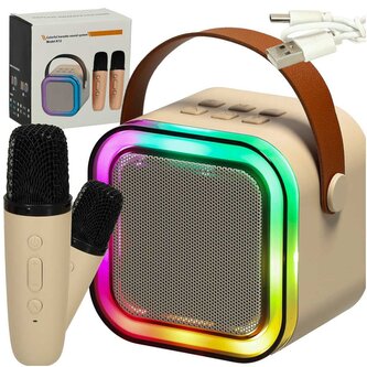 Karaoke set - Bluetooth reproduktor USB LED + 2 mikrofony, béžová
