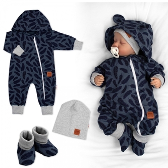 Rostoucí teplákový overal pro miminko, čepice, botky, 3D, Nature - jeans pírka, 68/74; 68/74 (6-9m)