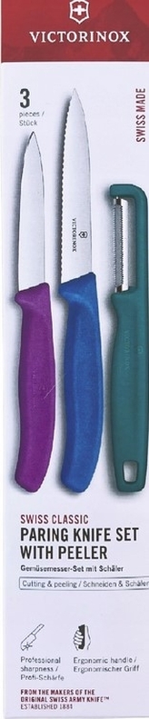 sada nožů 2ks+1škrabka SwissClassic Victorin. (1zel.+1fial.+1modrý)NR/plast