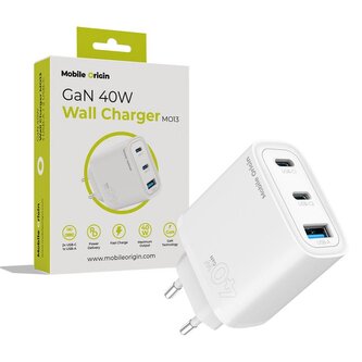 Mobile Origin GaN 40W Wall Charger MO13, 1 USB-A + 2 USB-C