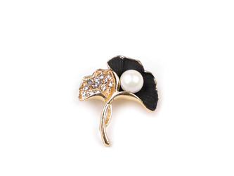 Brož s perlou lotos, ginkgo - 1 ks - 3 zlatá černá