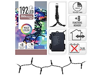 ŁAŃCUCH LED 192 WIELOKOLOROWE 15M8-FUNKCJI ŚWIECENIA,TIMER 3x AA 1,5V NA BATERIE WW ZEWNĘTRZE