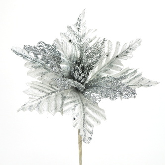 Poinsetie třpytivá zápich - stříbrná