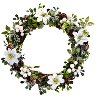 Proutěný věnec s bílými ponsetiemi Ø33 cm