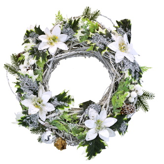 Proutěný věnec s bílou poinsetií Ø30 cm
