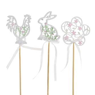 Slepička, zajíček, kytička - dřevěné zápichy  6x6/34 cm - 3 ks set