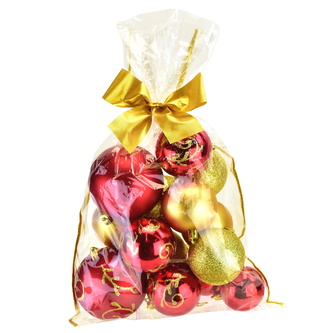 Vánoční koule v sáčku, assort, červené/zlaté, 14 ks