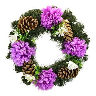 Dušičkový věnec s fialovými chryzantémami Ø30 cm