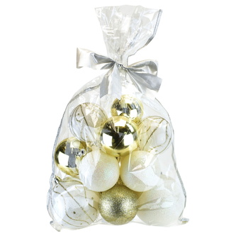 Vánoční koule v sáčku, assort, bílé/zlaté, 14 ks