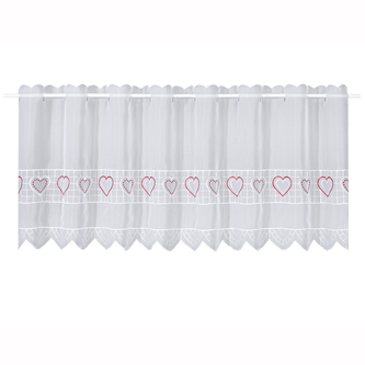 Vyšívaná krátká záclonka s motivem srdce - červená, 45 mm, 150 mm