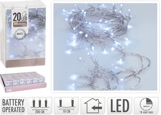 ŁAŃCUCH LED 20L BIAŁE 2M WENĘTRZNE NA BATERIE TIMER 3xAA 1,5V