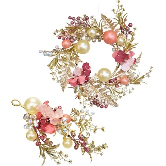 Věnec a větvička růžové s perleťovými kouličkami Ø35/32 cm