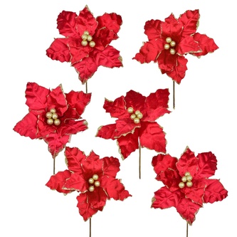 Poinsetie květ zápich textilní třpytivá červená Ø25 cm, 6 ks