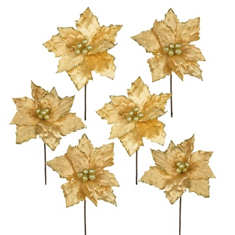 Poinsetie květ zápich textilní třpytivá zlatá Ø22 cm, 6 ks