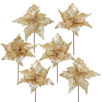 Poinsetie květ zápich textilní třpytivá šampaň Ø27 cm, 6 ks