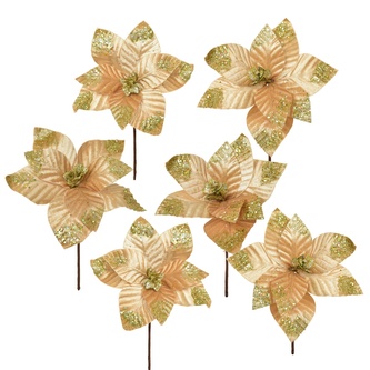 Poinsetie květ zápich textilní třpytivá zlatá Ø25 cm, 6 ks