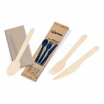 Příborová sada (dřevěná FSC 100%) nůž-vidlička-lžíce+ubrousek [50 sad]
