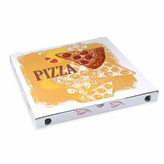 Krabice na pizzu (mikrovlnitá lepenka) C4 bílá s potiskem 34,5 x 34,5 x 3 cm [100 ks]