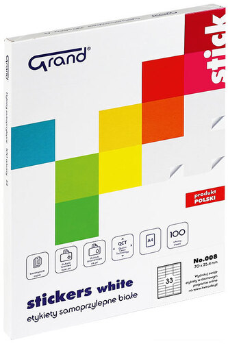 Etykiety samoprzylepne 70 x 25 mm białe 33 szt. x 100 ark. 008, Grand