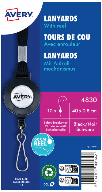 Smycz na identyfikator z mechanizmem ściągającym 60cm op. 10szt. 8x400mm czarna, Avery