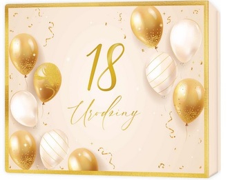 Pudełko prezentowe 18 urodziny, beżowe i złote balony (22,5x17,5x4cm)