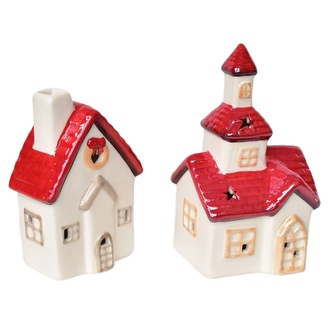 Domeček 13 cm a Kostel 16 cm keramický s LED osvětlením 16 cm