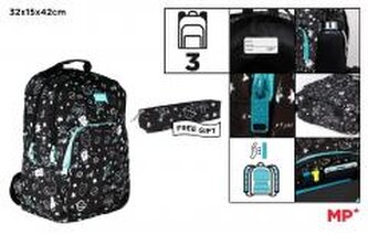 Plecak trzykomorowy czarny 32x12x38cm + piórnik