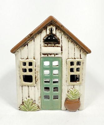 Keramický domek na čajovou svíčku, krémový se zelenými dveřmi 15,5x12,5x9,5 cm