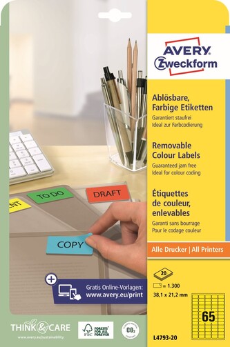 Avery Zweckform L4793-20 Barevné etikety 38,1 × 21,2 mm, 1 300 ks, 20 archů A4, žluté, snímatelné