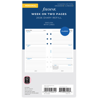 Filofax, Kalendář 2026 osobní, týden/2 strany, linky, AJ