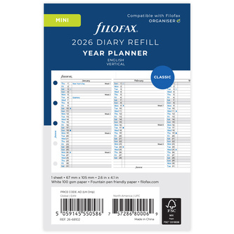 Filofax, Plánovací Kalendář 2026 mini, vertikální, AJ