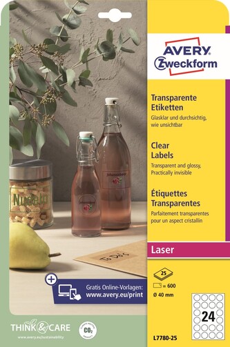 Avery Zweckform L7780-25 Čiré etikety Ø 40 mm, 600 ks, 25 archů A4, lesklá PET fólie