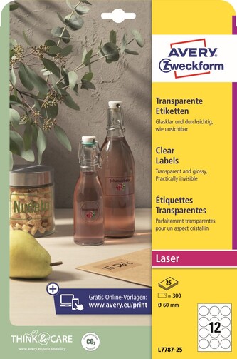Avery Zweckform L7787-25 Čiré etikety Ø 60 mm, 300 ks, 25 archů A4, lesklá PET fólie