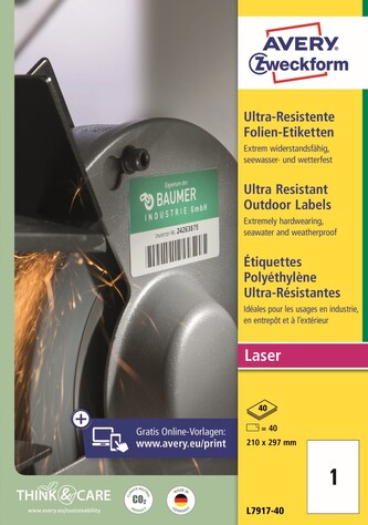 Avery Zweckform L7917-40 Ultra odolné etikety A4, 40 ks, 40 archů A4, bílé, PE