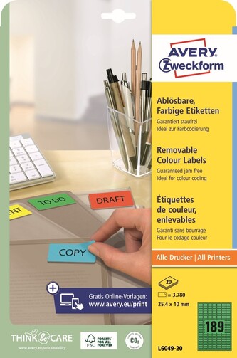 Avery Zweckform L6049-20 Barevné etikety 25,4 × 10 mm, 3 780 ks, 20 archů A4, zelené, snímatelné