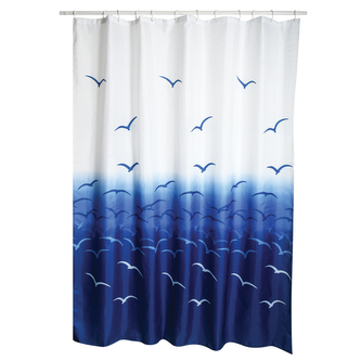 MSV sprchový závěs MOUETTES, motiv racků, bílo-modrý, 180 x 200 cm, polyester, s kroužky