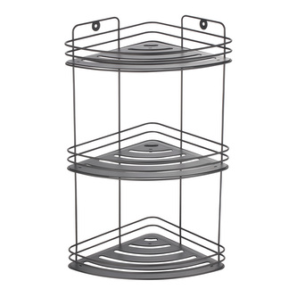 MSV nástěnná rohová polička KERY, do koupelny, 3 patra, matná černá, ocel