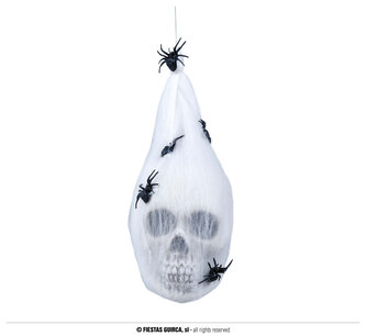 Dekorace pavučinový kokon s lebkou a pavouky 25 cm