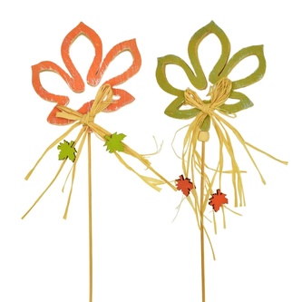 Dřevěný list s lýkovou mašlí zápich oranžový a zelený 30 cm, set 2 ks