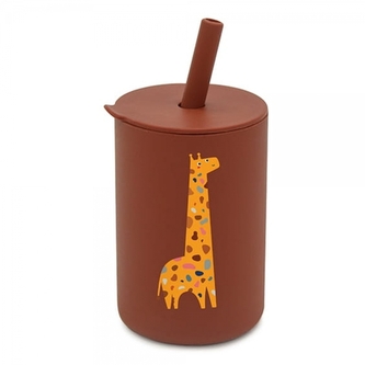 Silikonový hrnek s brčkem Žirafka, 150 ml - hnědá