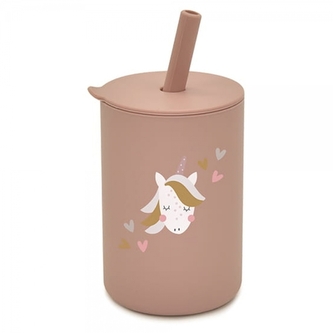 Silikonový hrnek s brčkem Jednorožec, 150 ml - pudrový