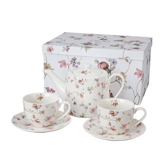 Zestaw dzbanek z zaparzaczem ze stali nierdzewnej i 2 filiżanki ze spodkami SAFA