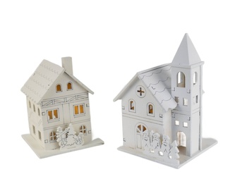 Dřevěný domeček 10x8 cm a kostelík 13x8 cm bílý s LED