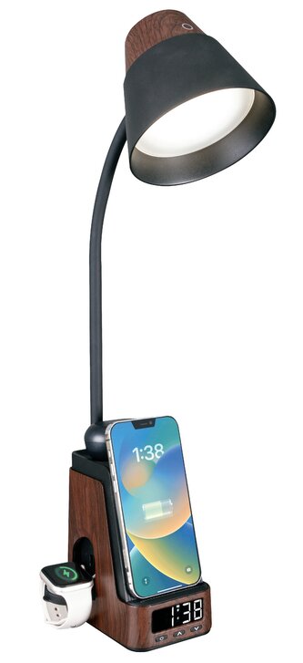 LED stolní lampička Immax IDEAL s QI nabíjením  CCT tmavé dřevo/černá