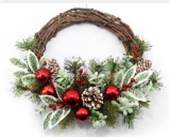 Proutěný věnec s červenými kouličkami a cestmínou Ø25 cm